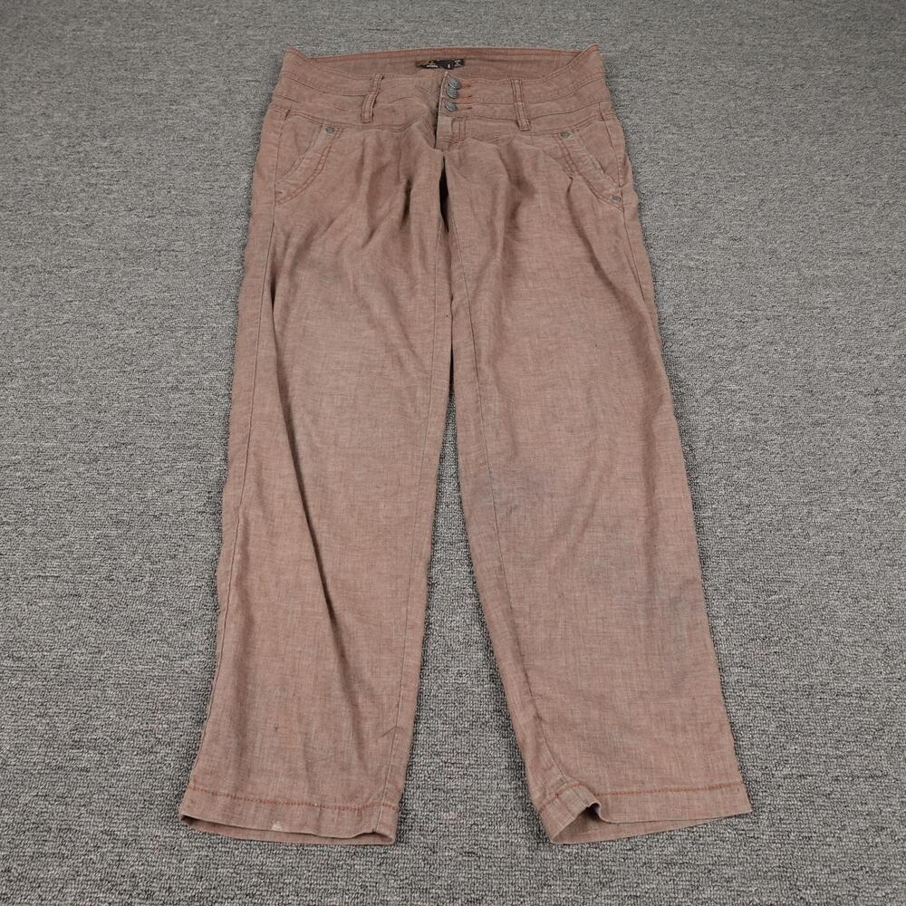 PrAna Pants Womens 8 Brown Chambray Straight Leg Pleated Lightweight Hemp